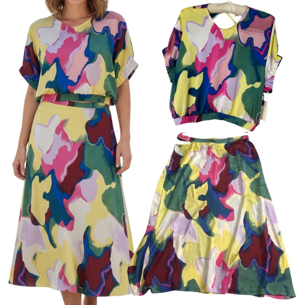 Open Edit Cutout Waist Yellow Color Fusion 2 Piece Set‎ Top and Midi Skirt Sz 1X